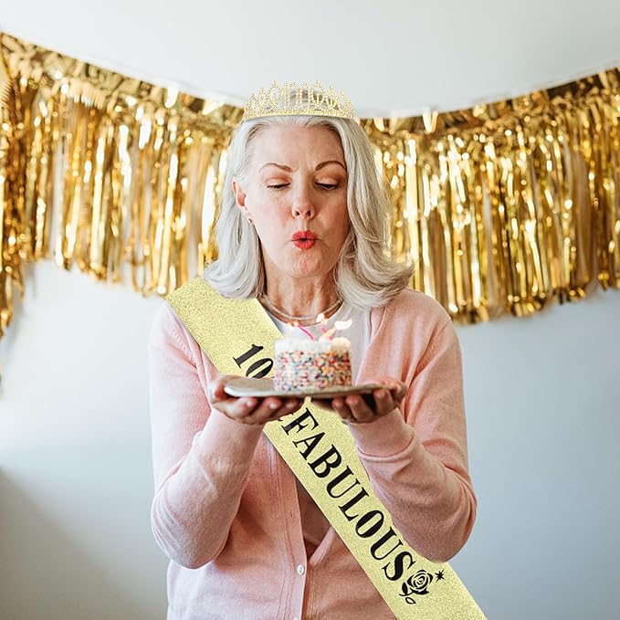 Casoty Gold 100th Birthday Sash and Tiara, 100th Birthday Decorations for Women, 100 and Fabulous Sash and Crown Set, Party Supplies Decorations for Women, Gifts for Her