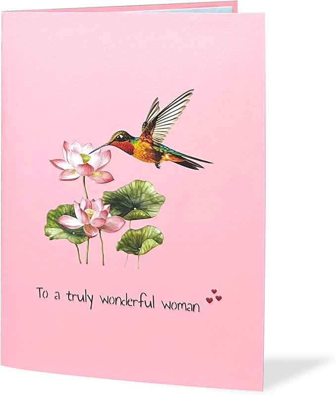 Pop Up Birthday Cards for Women, Hummingbird 3D Birthday Card, Beautiful Hummingbird and Lotus with Koi Fish Design, Pop Up Cards All Occasion for Mother, Mom, Her, Granmother and Daughter, Mothers Day Card