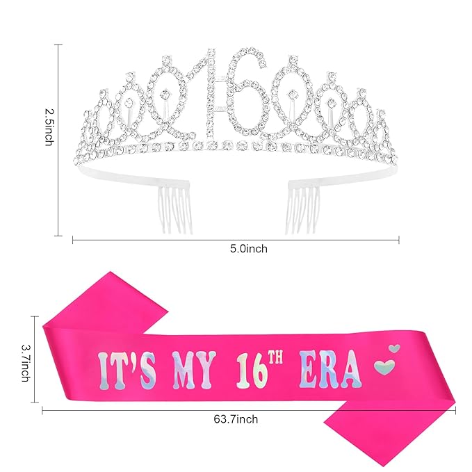 Casoty 16th Birthday Sash and Tiara, 16th Birthday Decorations for Girls, It's my 16th Birthday Sash and Crown Set, Party Favors Sweet 16 Decorations Gifts for Her