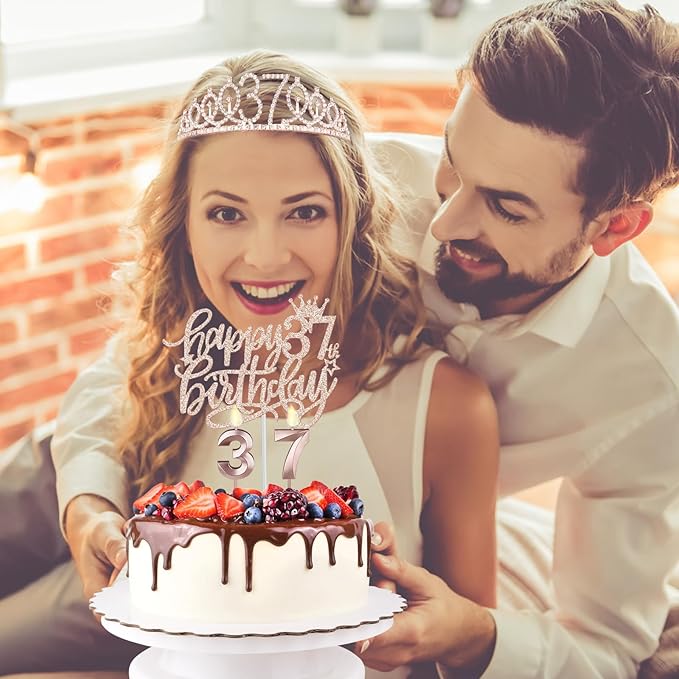 37th Birthday Decorations for Women Including Birthday Sash, Tiara/Crown, Numeral Candles and Cake Topper, 37 Year Old Gifts for Women, Rose Gold Party Decor Supplies