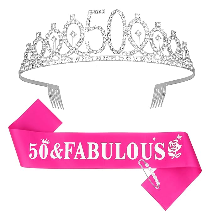 Casoty 50th Birthday Sash and Tiara, 50th Birthday Decorations for Women, 50 & FABULOUS Sash and Crown Set, Party Supplies Favors for Women, Gifts for Her