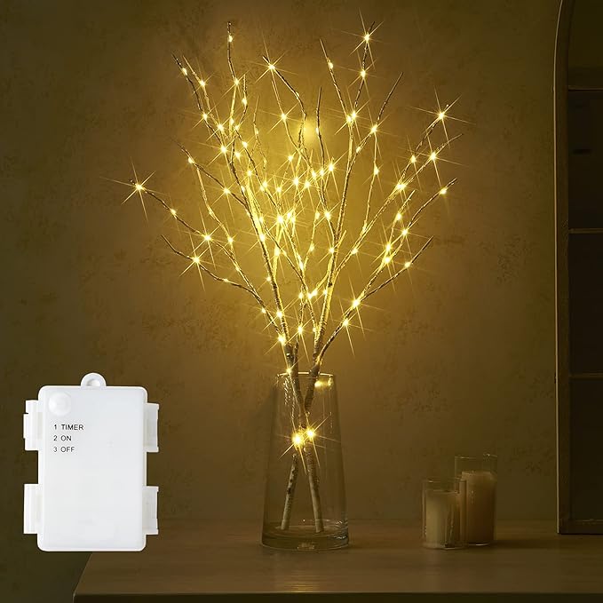 Fudios Lighted Branches with Timer Battery Operated 30IN Tall Birch Twig Lights for Vase 100 LED Outdoor and Indoor Holiday Winter Decor 2Set