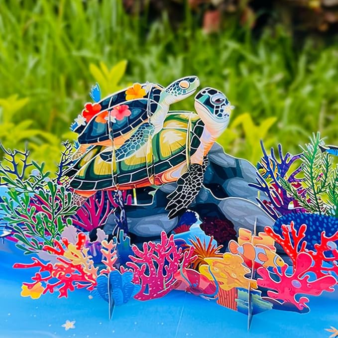 CUTE POPUP Father day Turtles Pop Up Card Mesmerizing Ocean Design for Mother's Day, Father's Day, Birthdays (6x6 inches)
