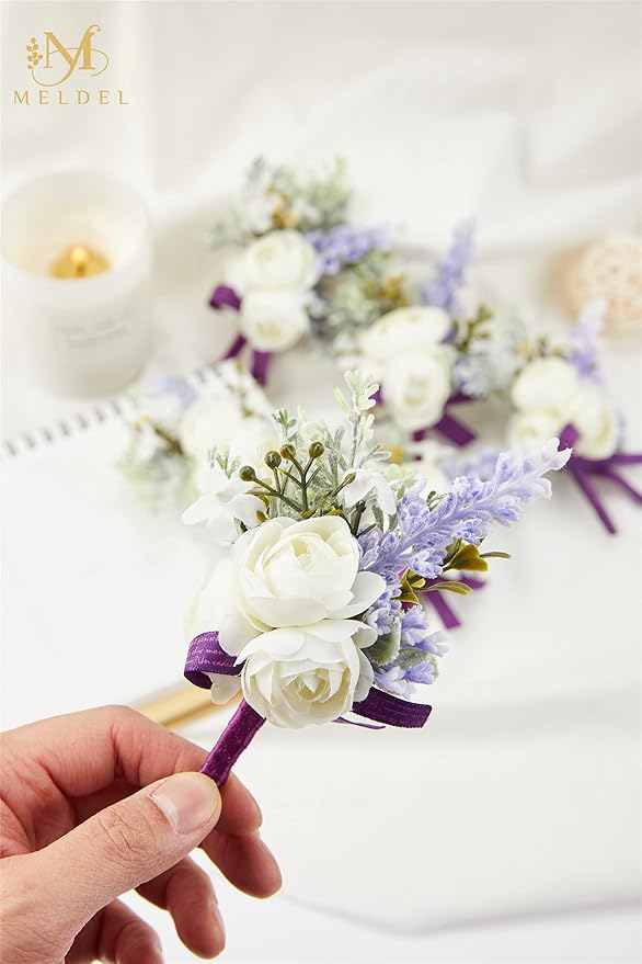 Meldel Purple Boutonniere for Men, Set of 6, Groom and Best Man Boutonniere with Artificial Flower Lavender for Wedding Ceremony Anniversary, Formal Dinner Party, Fall Vintage Rustic Wedding Prom