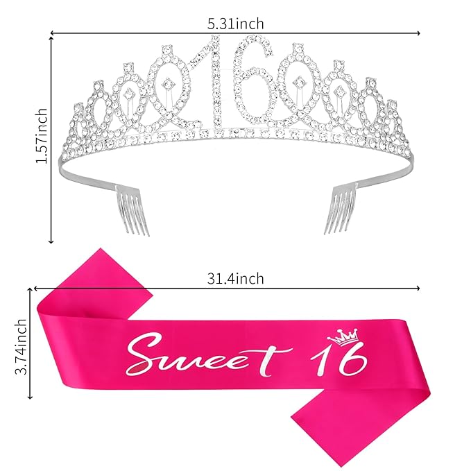 Casoty Sweet 16 Birthday Sash and Tiara, 16th Birthday Decorations for Girls, 16th Birthday Crown and Sash Set, Sweet 16 Party Supplies for Girls, Gifts for Her