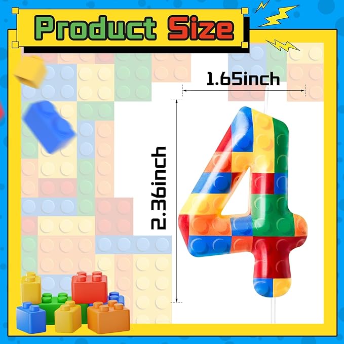 Building Block Themed Birthday Candle Number 4 Candle Birthday Party Decoration Cake Topper for Building Block Party Decoration Theme Parties Supplies (Number 4)