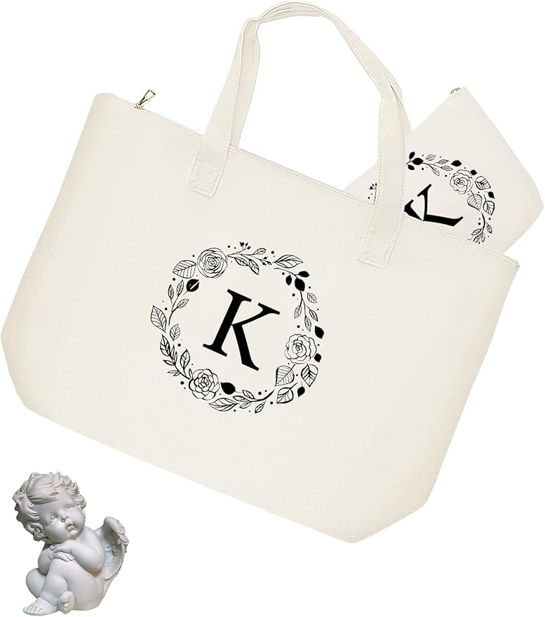 Personalized Initial Canvas Tote Bag with Zipper, Present Bag with Inner Pocket & Make Up Bag, Great Gifts for Women, Mom, Teachers, Friends, Bridesmaids