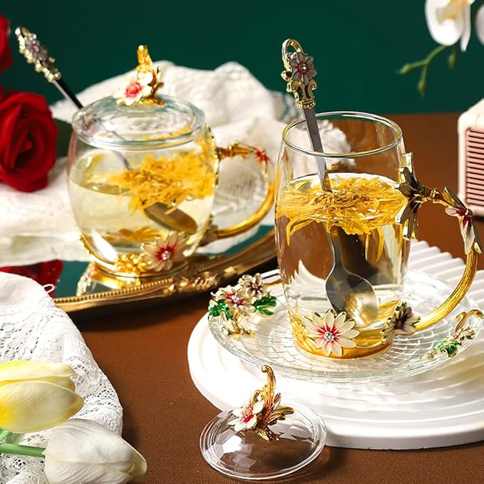 Flower Tea Cups Christmas Birthday Gift for Women Mom Sister Friend Glass Coffee Mug Teacups with Saucer Lid Spoon Vintage Wedding Cup(11oz Daisy)