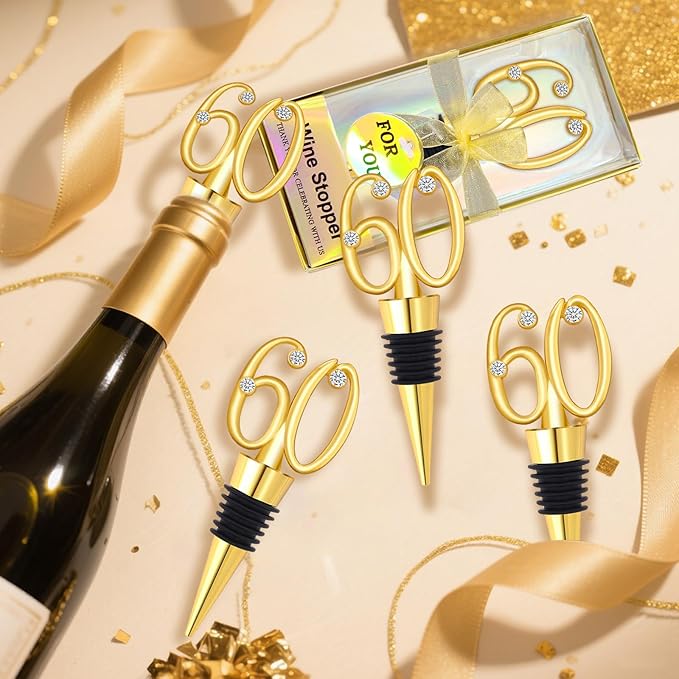 30Pcs 60th Birthday Wine Stopper Party Favors Gold Wedding Favor Wine Bottle Anniversary Wine Stopper Souvenirs for Guests Wine Bottles Stopper Decorative for Wedding Anniversary Parties(60th)