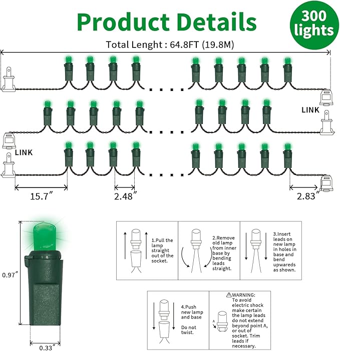 LAMPHOME Green St. Patrick's Day Mini String Lights, 64.8 Ft 300 Count, Pack of 3 Strands 21.9 Ft 100 Lights UL Certified Commercial Grade Green Wire 5mm Holiday String Light