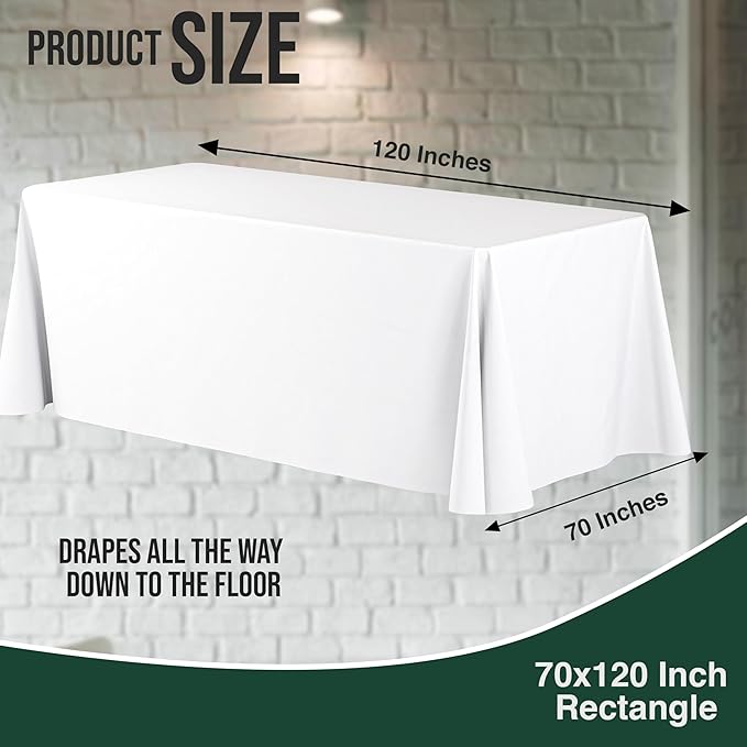 12 Pack White Plastic Table Cloth - 70 x 120 Inch Rectangle Disposable Tablecloth for Parties - Rectangle Tablecloth - Disposable Table Cloths for Parties - Great for Picnics And Formal Events