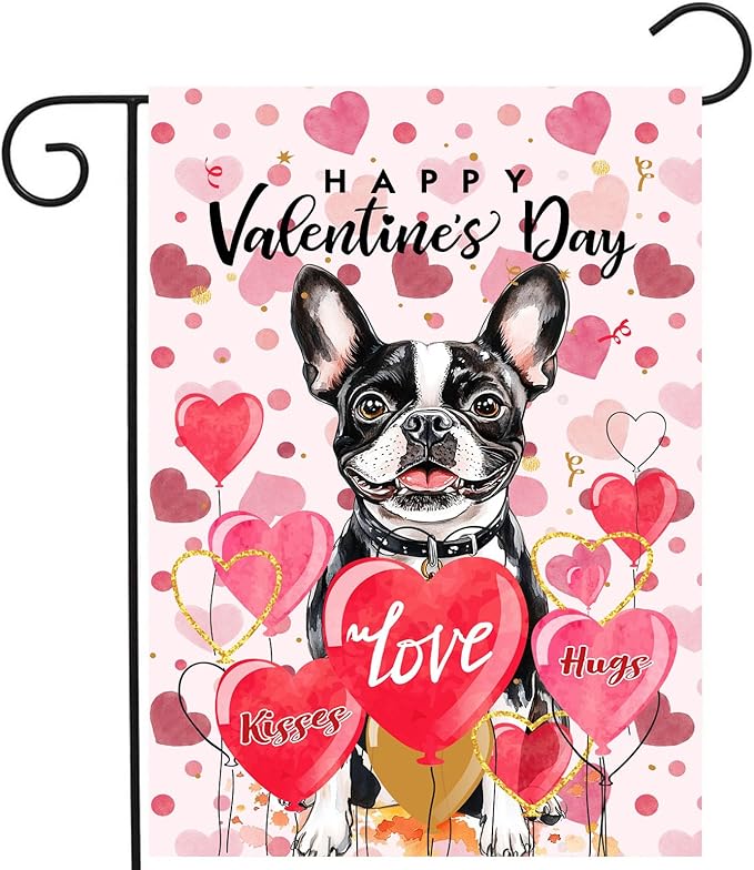 Boston Terrier Valentine Garden Flag Valentines Day Flags for Outside 12x18 Double Sided Small Yard Flags Dog Valentine's Day Decor Outdoor Lawn Valentines Banners Front Porch