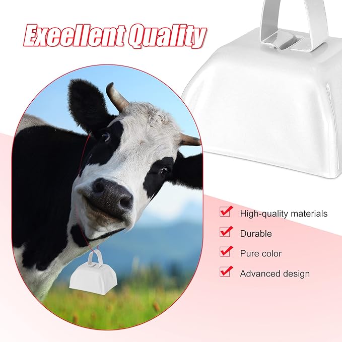 Yeshone 24 Pcs Metal Cowbell with Handle Cow Bells Noise Makers for Sporting Events Small Loud Noisemaker Cow Bell for Wedding Cheering Football Games, 3 x 2.8 x 2.5 Inch(White)