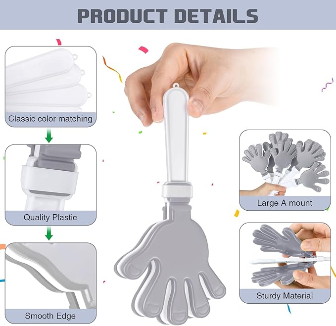 Junkin 100 Pcs Hand Clappers Bulk 7. 5 x 3. 5 Inches Noise Makers Party Favors Clapping Noise Maker Clacker for Birthdays Game Prizes Rewards Football Sporting Events Cheers Supplies (Silver White)