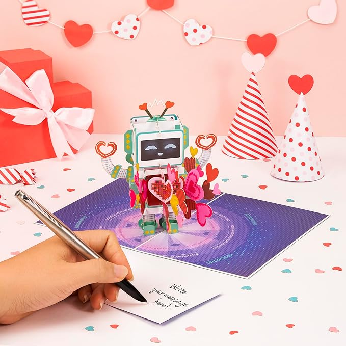 Love Robot Valentines Day Pop Up Card, For Love, Birthday, All Occasion, Just Because, Gifts for Wife, Husband, Lovers, Boyfriend, Him, Her, Crush, 5x7 - Includes Envelope And Message Note