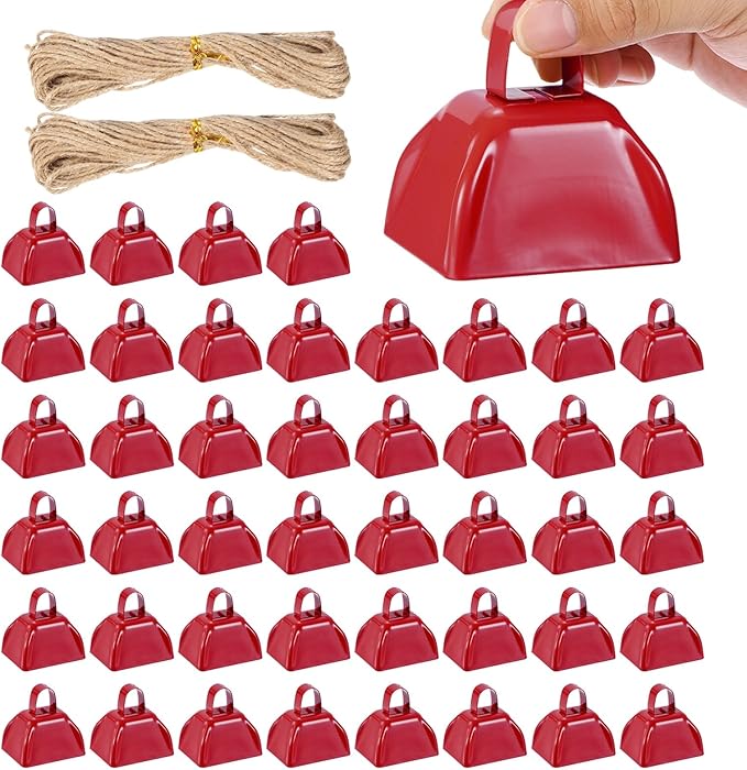 PATIKIL 48pcs Cow Bells for Football Games, 3 Inch Cowbells for Sporting Events Bulk Loud Noise Makers Metal Cow Bell with Rope for Cheering Wedding, Red