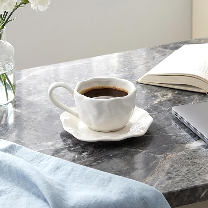 Ceramic Espresso Cups with Saucers 6 oz,Coffe Cups for Cappuccino,Latte,Tea with Saucers Set of 2 - Folds - White