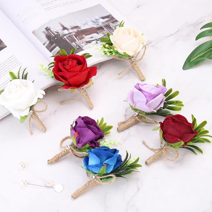MECCANIXITY 15PCS Men Boutonnieres Corsages, Deep Purple Rose Groomsmen Corsage Wristlet with Pins for Wedding Ceremony Anniversary, Dinner Party