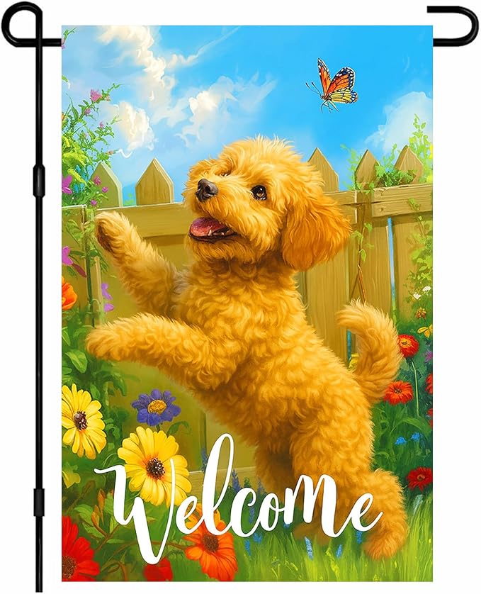 IVN Spring Summer Welcome Garden Flag 12x18 Inch Double Sided Puppy with Butterfly and Flowers Outdoor Yard Flag for Outside Home Front Door Lawn Porch Patio Welcome Decor