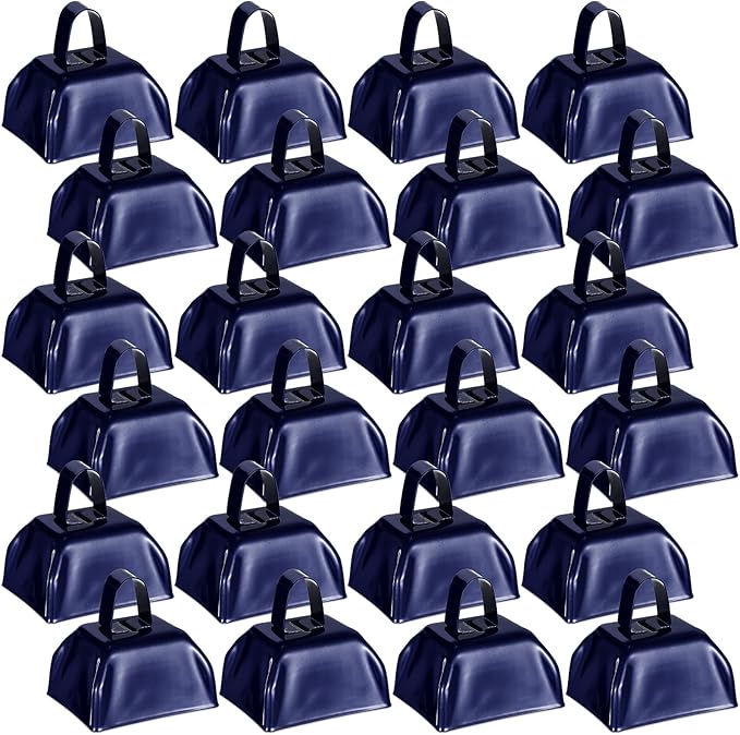 Yeshone 24 Pcs Metal Cowbell with Handle Cow Bells Noise Makers for Sporting Events Small Loud Noisemaker Cow Bell for Wedding Cheering Football Games, 3 x 2.8 x 2.5 Inch (Navy Blue)