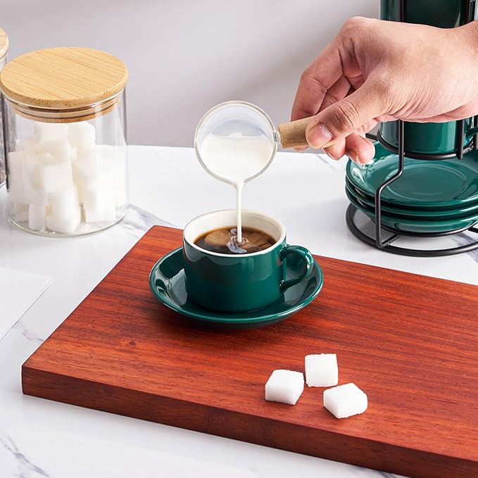 2.5oz Espresso Cups Set of 4, Porcelain Stackable Espresso Cups with Saucers and Metal Stand Set, Green Expresso Shots Cup Set for Cappuccino, Coffee Drinks, Latte, Tea