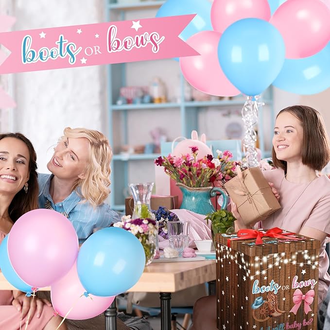 Hungdao Gender Reveal Balloon Box with Ribbon and 10 Pink and Blue Balloons Gender Reveal Games He or She Open to See for Party Decoration 12"x12"x16"(Boots and Bow)