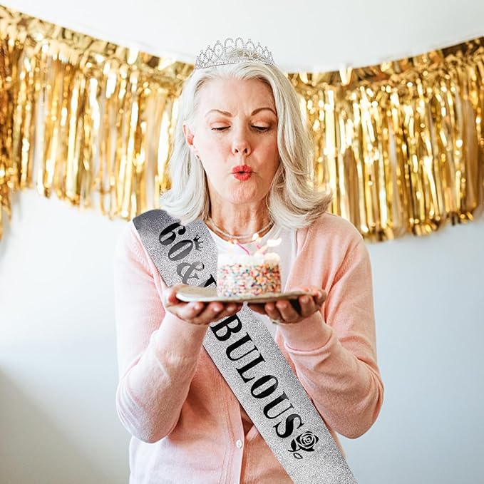 Casoty Silver 60th Birthday Sash and Tiara, 60th Birthday Party Decorations Gifts for Women, 60 Crown and 60 & Fabulous Sash Set Party Supplies Favors for Women Gifts for Her