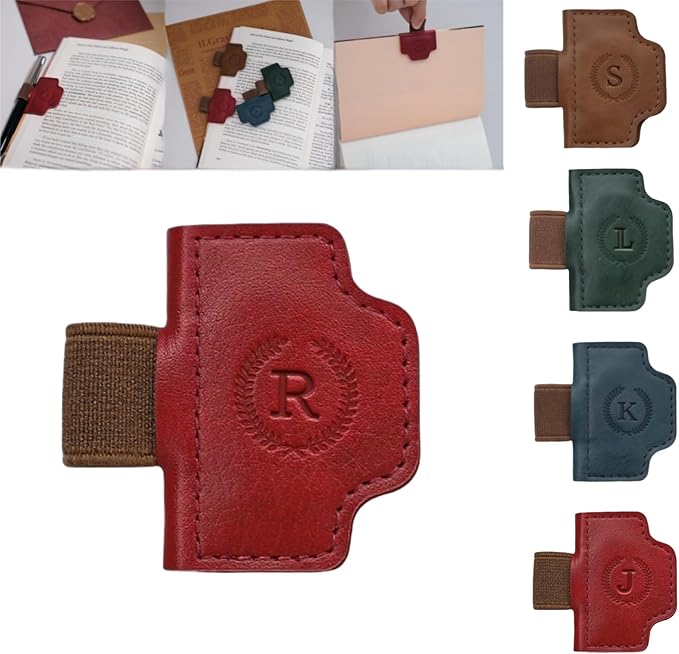 Personalized Magnetic Bygone Mark Bookmark with Pen Holder, 26 Letters Name Initial Custom Leather Book Mark for Women, Gifts for Book Lovers and Readers (Red,R)