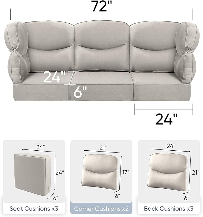 Luxury 24x24x6 Outdoor Couch Cushions Set of 3 - Water-Repellent 8-Piece Cushion Set for Outside Rattan Wicker 3-Seat Sofa Loveseat Chair Sectional Patio Conversation Sets - Beige/Smile