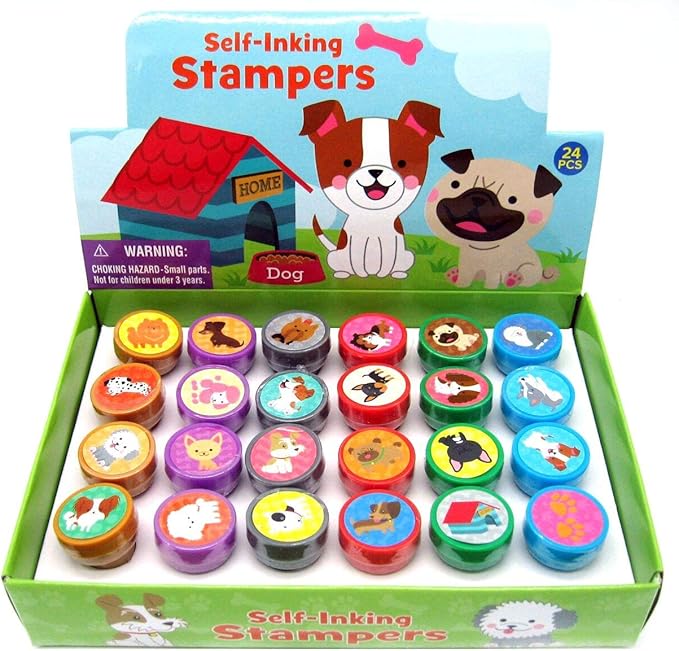 TINYMILLS 24 Pcs Dog and Puppies Stampers for Kids Assorted Stamps for Kids Self Ink Stamps Dog Puppy Birthday Party, Puppy Party Favors, Goody Bag Filler Treats, Classroom Rewards