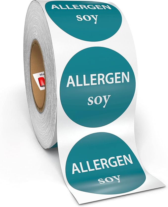 Kenco Allergen Warning Stickers - 1" Circle Label, 1,000 Allergy Warning Labels Per Roll in Universal Allergy Awareness Colorway (12 Pack, Soy)