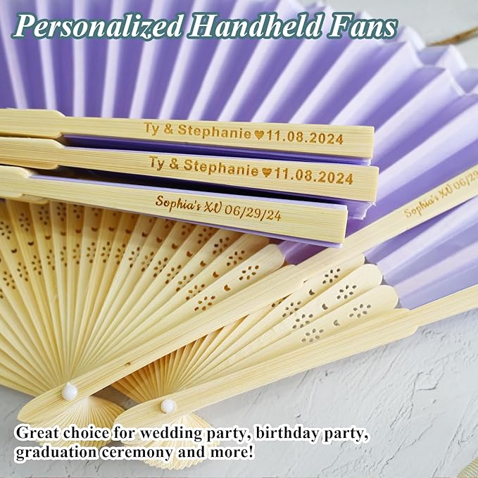 90 Pcs Personalized Purple Wedding Fans for Guests Bulk, Custom Hand Fans Decorative Folding Fans, Wooden Fans Party Favor Birthday Party Supplies Bridal Shower Gifts Baby Shower Favors