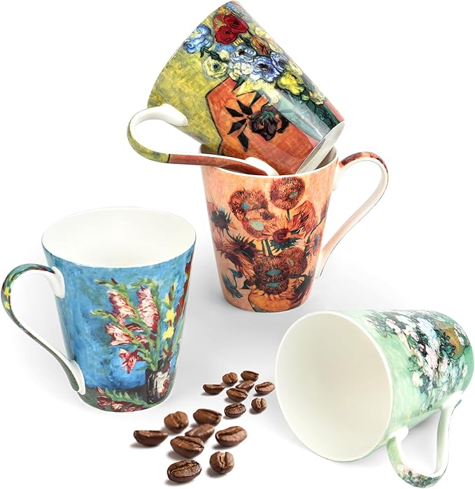 Coffee Mug Sets of 4, 12oz Bone China Porcelain Cups with Art Print Large Handle Dishwasher Microwave safe for Tea Cocoa or Hot Chocolate