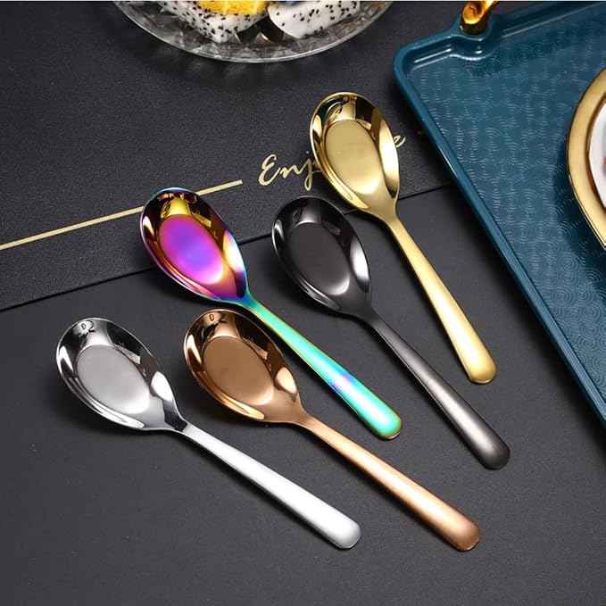 Stainless Steel Soup Spoons (5pcs) - Mirror Finish, Ideal for Soup, Rice, Tea, Milk, Coffee & Dessert (Black)