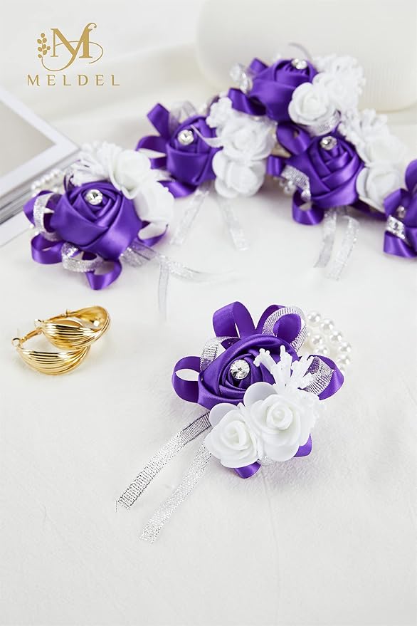 Meldel Artificial Wrist Corsage for Bride Bridesmaid Wedding, 4PCS Purple Rose Bride and Groom for Mother Wrist Hand Flower Girl Prom Ceremony Party Homecoming