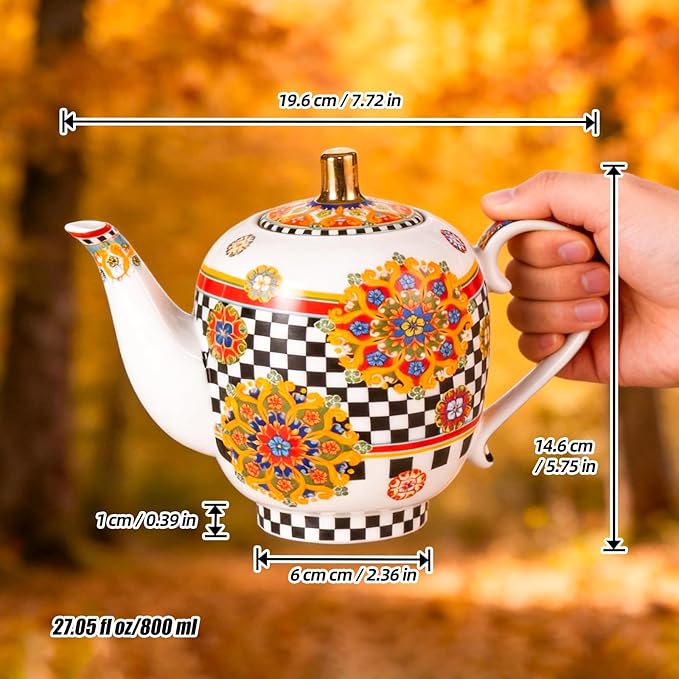 KAMMAK Tea Set for Adults Ceramic Tea Pots and Tea Cup Set, Colorful Tea Cups and Saucers Set for Afternoon Tea, Party, Home, Office, Mordern Porcelain Tea Set with Gold Rim（Chessboard Pattern）