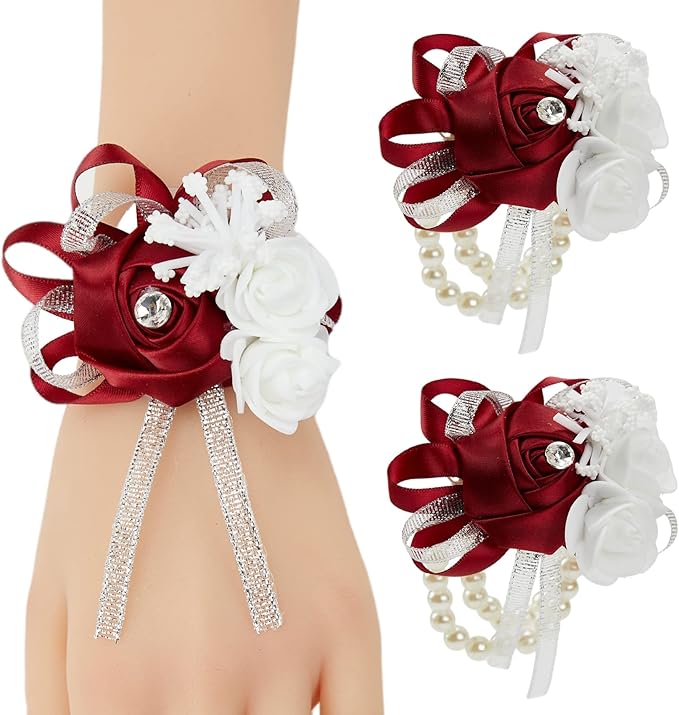 Meldel Wine Red Wrist Corsages for Prom, 2pcs Burgundy Rose Corsages for Bridal Bridesmaid Girl Mother Women, Wrist Flower Hand Flower for Wedding Ceremony Anniversary, Party,Homecoming