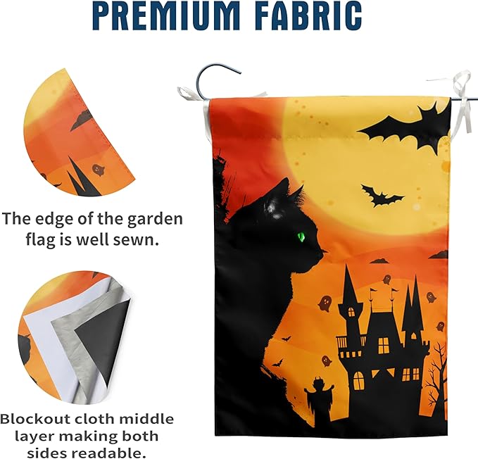 Black Cat Garden Flag 12 x 18 Halloween Cat with Green Eyes Decorative Flags for Outside Yard Decor Double Sided