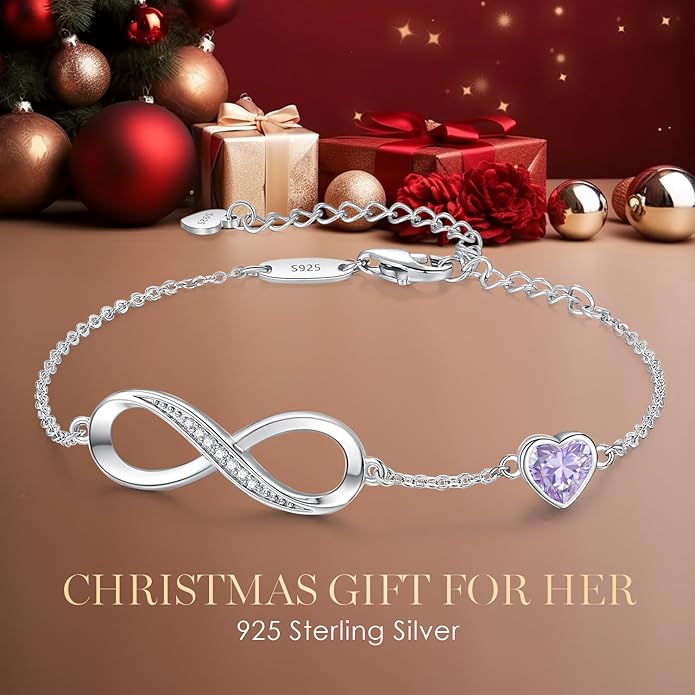 CDE Infinity Heart Birthstone Charm Link Bracelet for Women 925 Sterling Silver Adjustable Mother's Day Christmas Day Gift Anniversary Birthday Jewelry for Wife Girlfriend Her