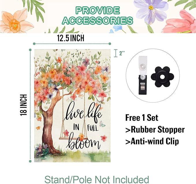 Baccessor Spring Summer Garden Flag, Flower Tree Swing Butterflies Floral Small Yard Flag Double Sided Burlap Welcome Flag for Outside Outdoor Decor 12.5 x 18 Inch