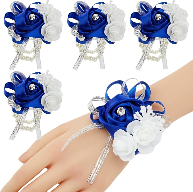 Meldel Royal Blue Wrist Corsages for Prom, Set of 4, Rose Wrist Corsages for Bridal Bridesmaid Girl Wedding Mother Women, Hand Flower for Wedding Formal Dinner Party Homecoming Ceremony Anniversary