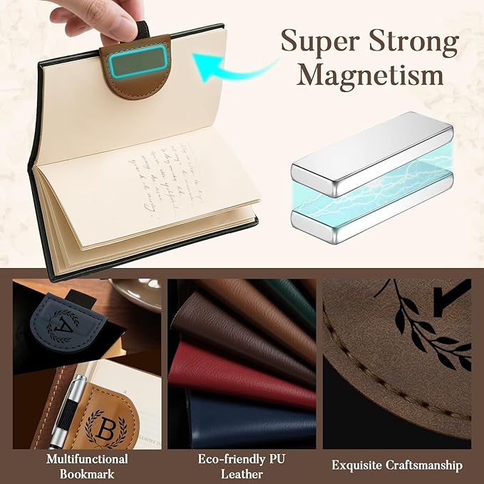 Personalized Bygone Mark Bookmark with Pen Holder,Engraving Leather Magnetic Bookmarks Vintage 26 Letters Name Initials Text Book Marker Clips Gifts for Reading Book Lovers Women (Red, T)