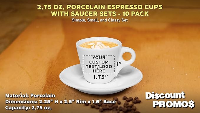 Custom Espresso Cups with Saucer 2.75 oz. Set of 10, Personalized Bulk Pack - Perfect for Espresso, Tea, Other Beverages - White