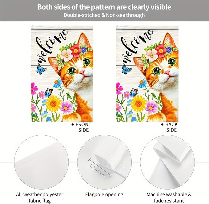 BlissYard Spring Welcome Garden Flag 12x18 Inch Double Sided Cat Flowers Small Flags For Outside Outdoor Decor Farmhouse Holiday Spring Summer Seasonal Decorations Yard Flags