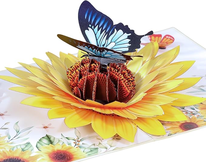 Sunflower & Butterfly Pop Up Mothers Day Card, 3D Popup Birthday Card 6x 8, Ideal Gift for Mother's Day, Anniversary, Valentine's, Thank You, All Occasion for Women, Wife, Mom, Grandma, Her