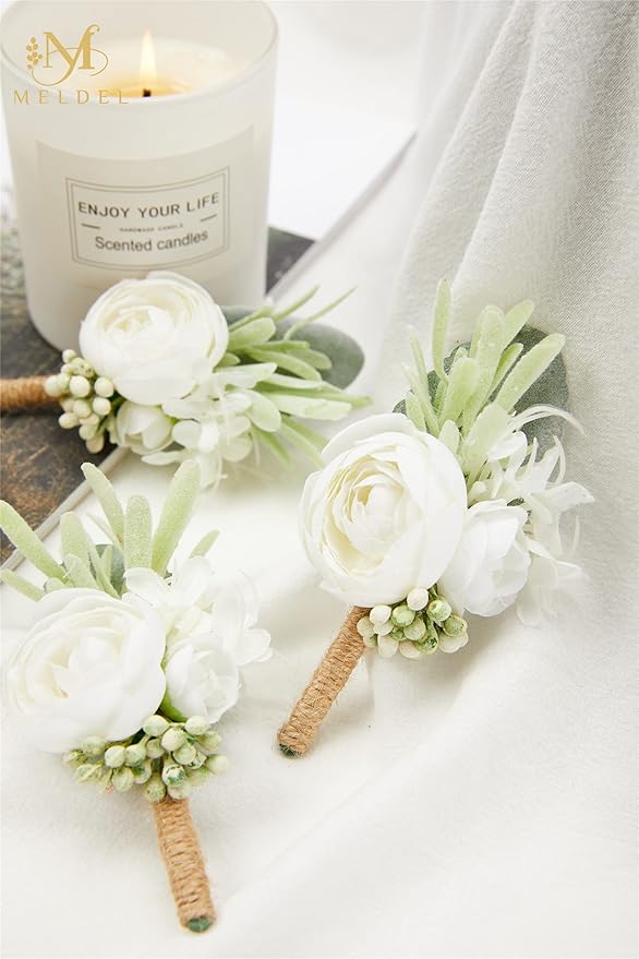 Meldel Ivory & Greenery Homecoming Boutonniere, White Boutonniere for Men Wedding, Set of 6, Groom Groomsmen Man Boutonniere for Wedding Ceremony Anniversary, Party Fall Vintage Wedding Prom