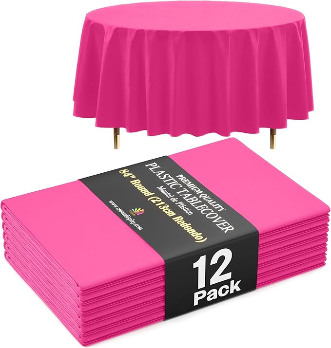 Exquisite 66% Thicker Premium Cerise Round Tablecloth 0.5 Mil 12 Pack Plastic Table Cloth Disposable 84 Inch Round Plastic Tablecloth Won't Tear Easily Like Cheap Thin Brands