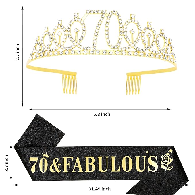 Casoty Gold 70th Birthday Sash and Tiara, 70th Birthday Party Decorations for Women, 70 and Fabulous Sash and Crown Set, Party Supplies Favors for Women, Gifts for Her