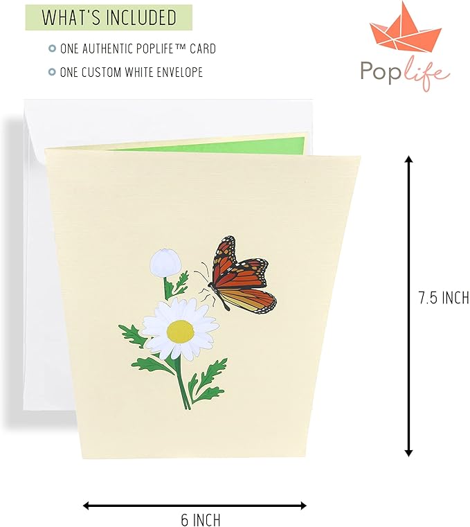 PopLife® Monarch Butterfly & Daisy 3D Pop Up Mother’s Day Card - Valentine's Day, Happy Anniversary, Birthday, Thank You - for Mom, Daughter, Wife, Grandma, Sister, Girlfriend