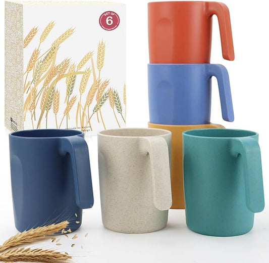 Wrova 16oz Wheat Straw Cups with handles set of 6-Plastic Cups Reusable-Unbreakable Kids Mugs-Dishwasher Safe & Microwave Safe-Ideal Plastic Mugs for Tea,Coffee,Camping,RV-Vibrant Color